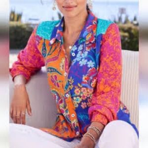 Soft Surroundings Hermosa Floral Multi color Print Blouse w Embroidery Sz 1x